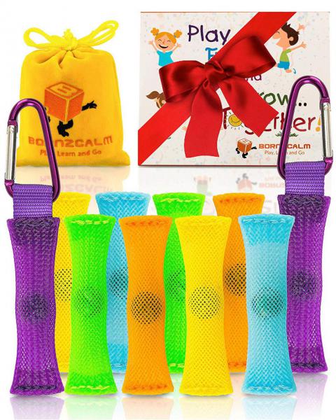 Born2Calm ADHD Fidget Toys for Sensory Kids - 10 Pack Silent Fidgets for Classroom as Sensory Toys for Autistic Children, Carry Pouch, 2 Carabiners, Bonus Paperback Story for Kids 